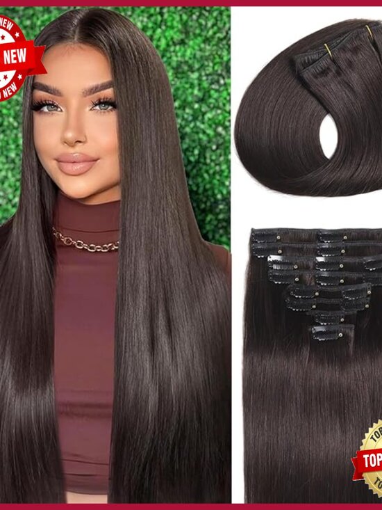 18 Inch Clip In Human Hair Extensions 8 Piece Set Straight Double Weft main image 6